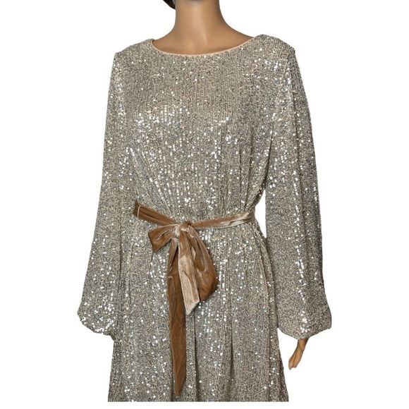 Champagne Sequin Dress with Balloon Sleeves and Velvet Sash Size XL - Picture 5 of 10